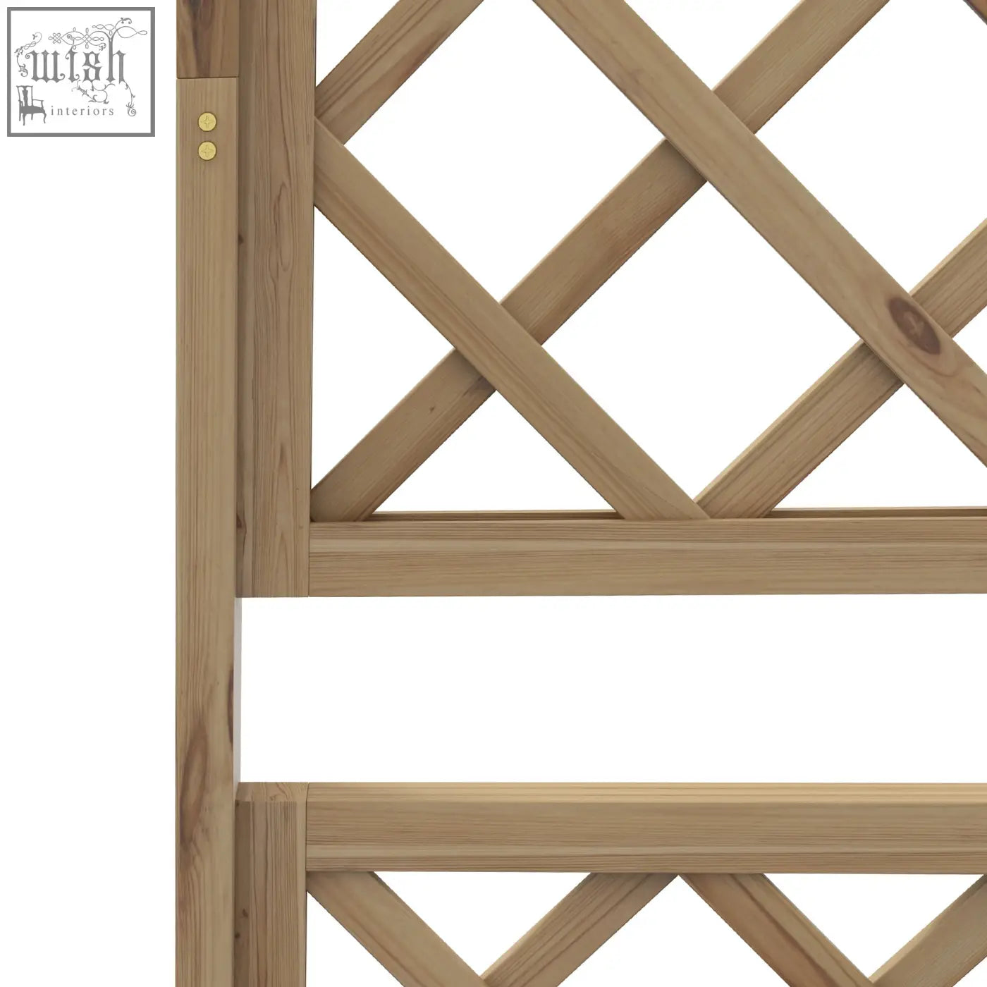 Light-colored fir wood trellis planter garden gate with diagonal crossbars and brass hardware for small roof use