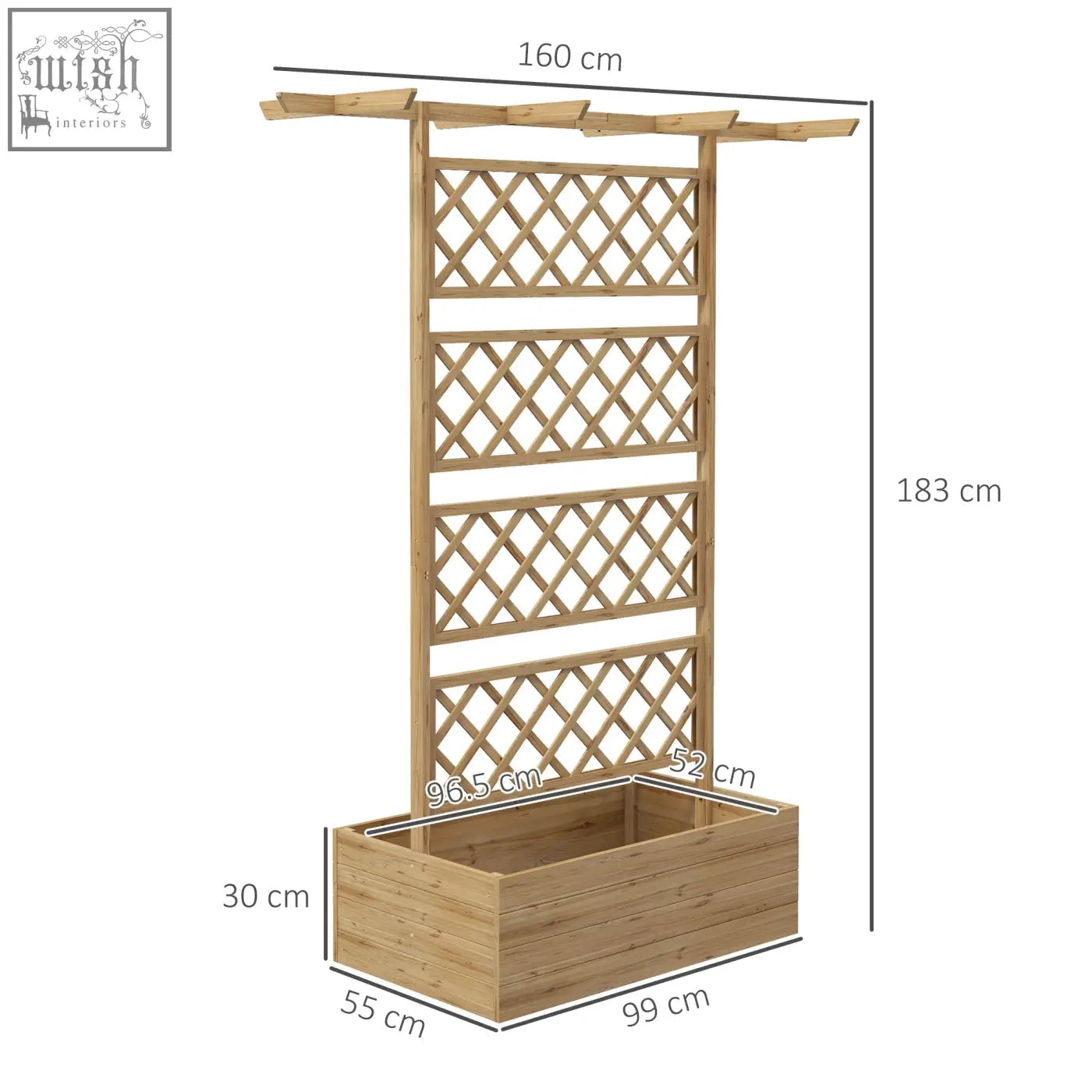 Light brown fir wood trellis planter with integrated rectangular box and small roof for growing veggies and herbs