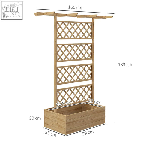Light brown fir wood trellis planter with integrated rectangular box and small roof for growing veggies and herbs