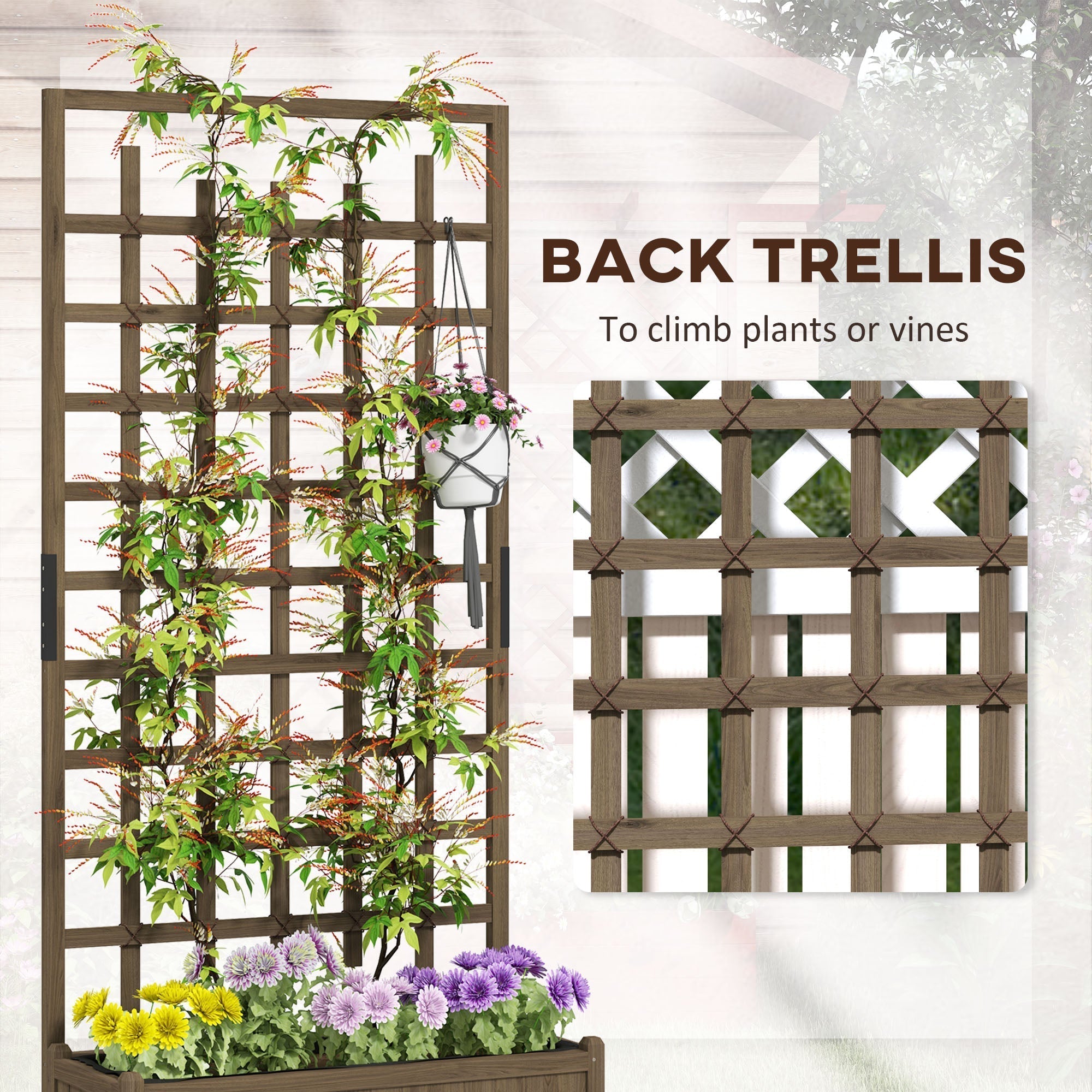 Brown wooden back trellis with lattice and climbing vines on outsunny raised garden bed with wheels