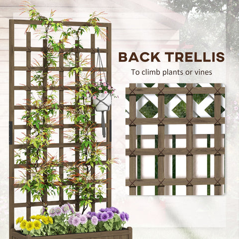 Brown wooden back trellis with lattice and climbing vines on outsunny raised garden bed with wheels
