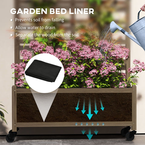 Black garden bed liner inside outsunny wooden trellis raised garden bed with wheels for growing herbs and veggies