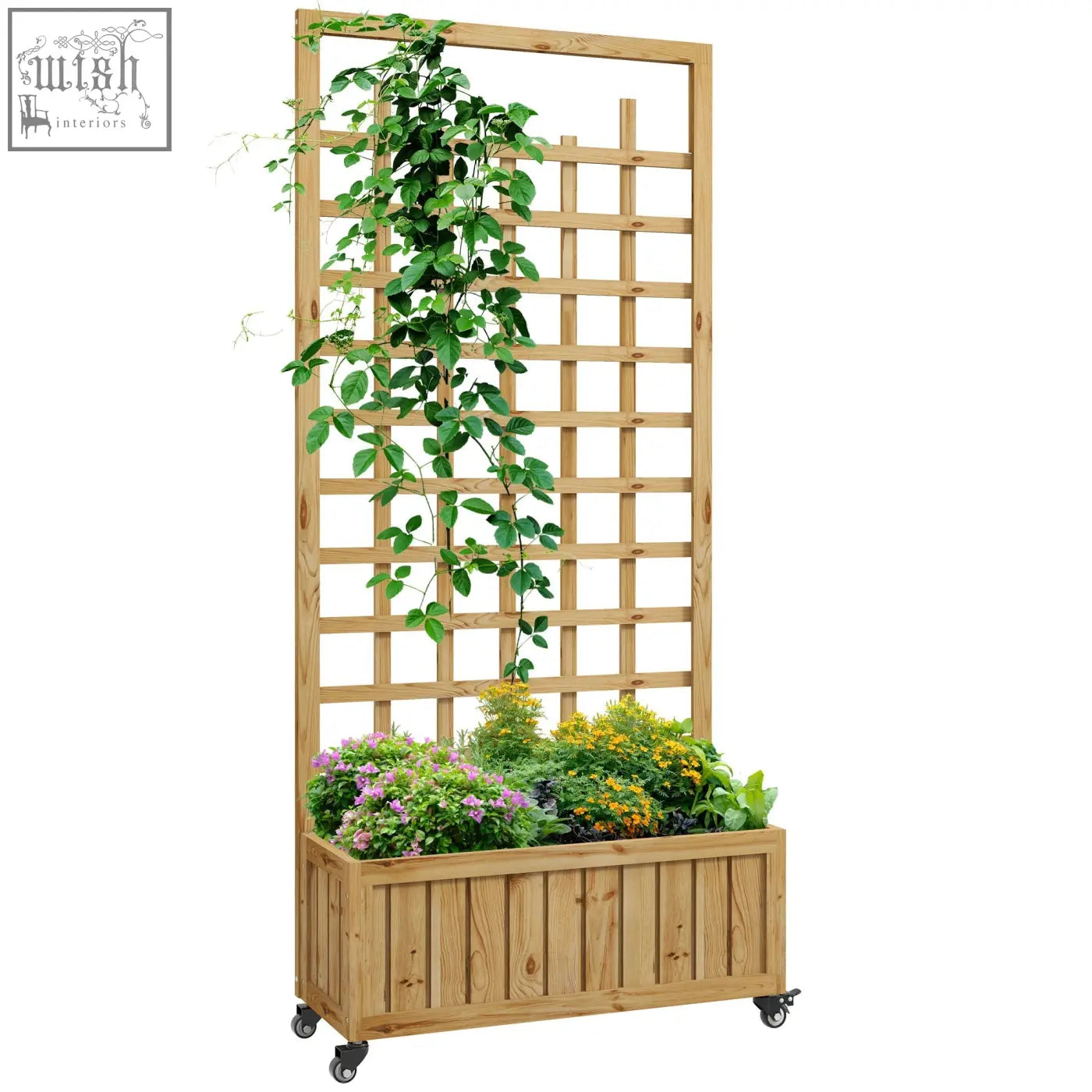 Light brown wooden outsunny garden bed with trellis planter box and wheels for raised garden growing vegetables herbs and flowers