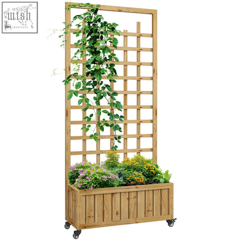 Light brown wooden outsunny garden bed with trellis planter box and wheels for raised garden growing vegetables herbs and flowers