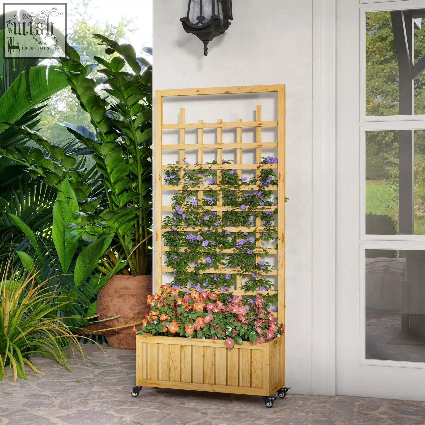 Light-colored wooden outsunny garden bed trellis with planter box and wheels for raised garden veggies herbs and flowers