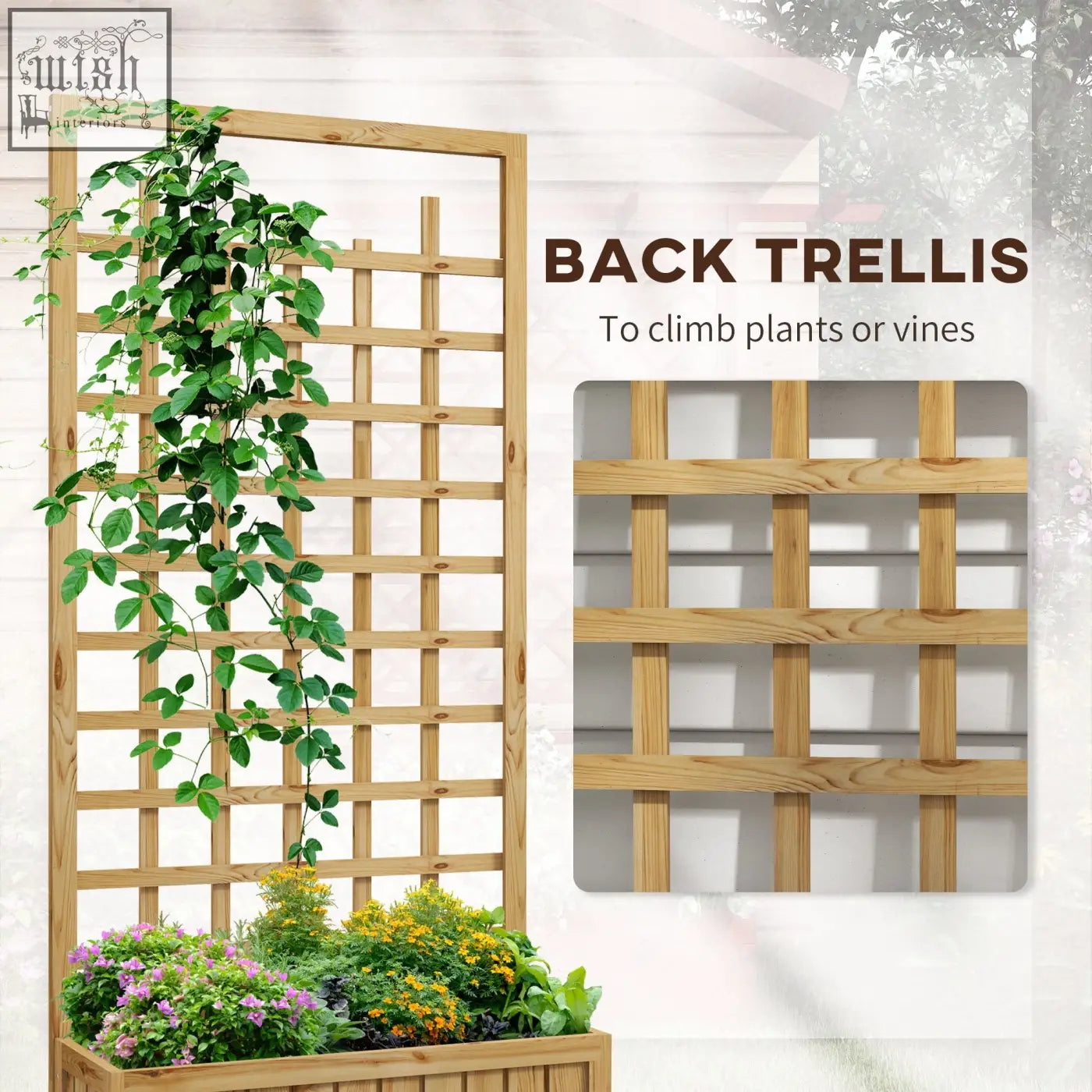 Light brown wooden back trellis with grid design on outsunny raised garden bed for climbing plants and vegetables