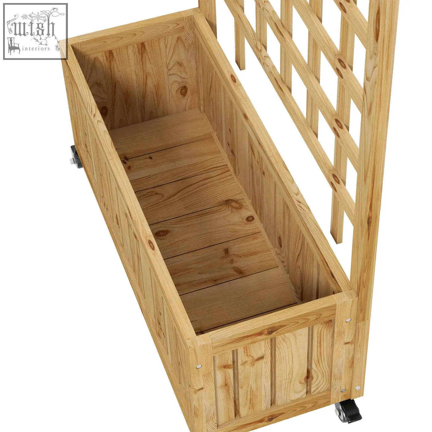 Light brown wooden raised garden bed with lattice trellis and black wheels for climbing plants and herbs