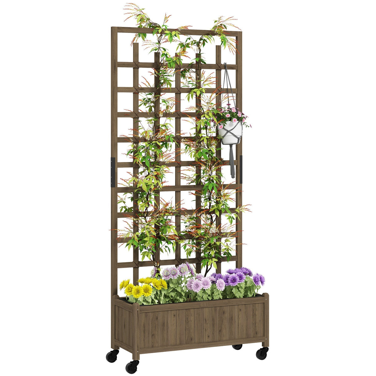 Brown wooden outsunny raised garden bed trellis with wheels featuring climbing vines and hanging flowers