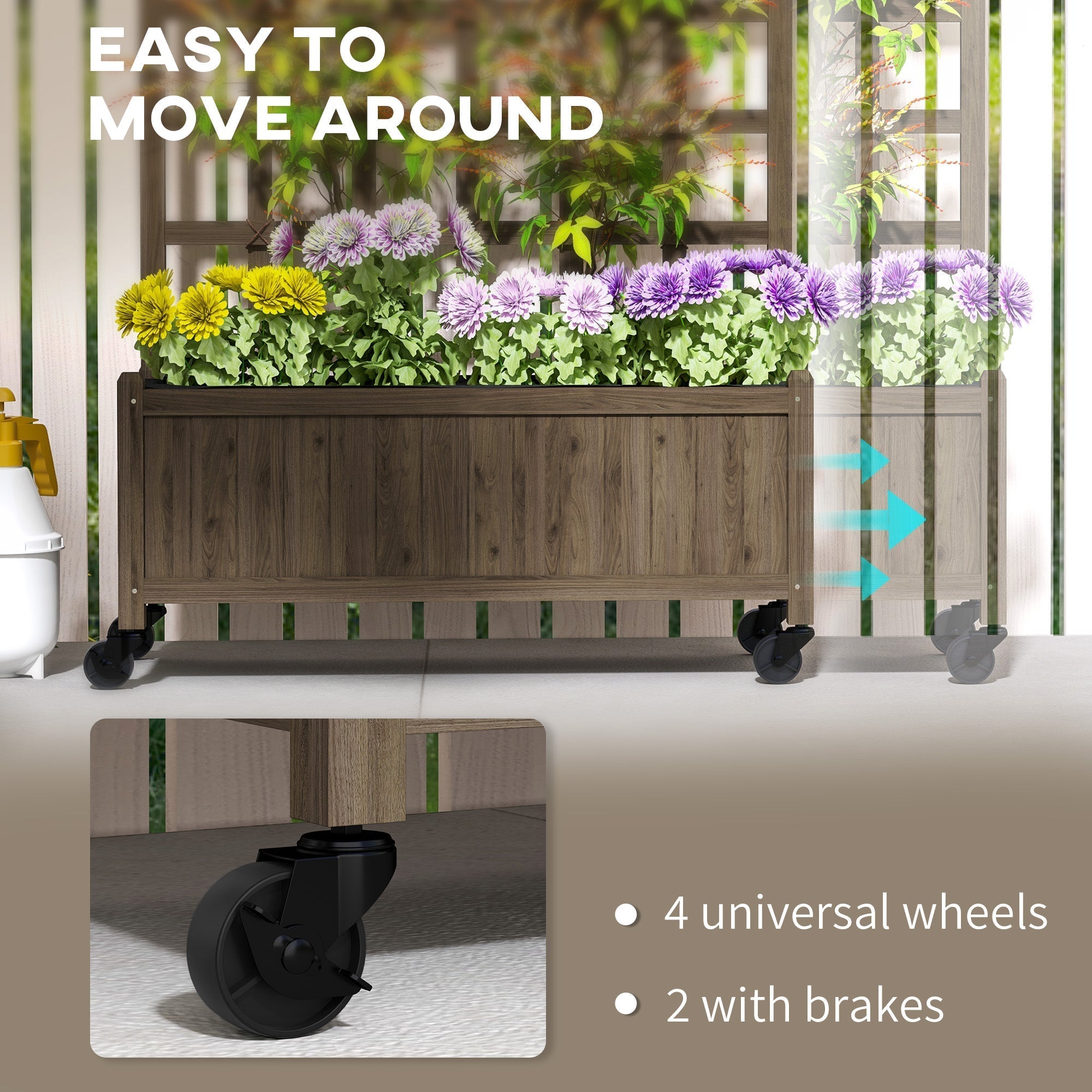 Outsunny wooden raised garden bed planter with black wheels filled with yellow and purple flowers in rustic design