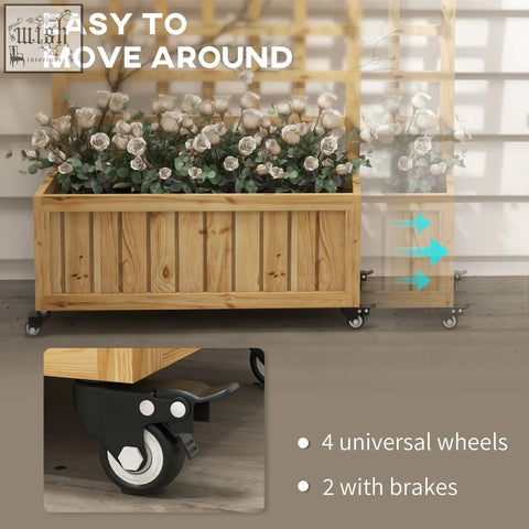Light brown wooden outsunny raised garden bed planter with four wheels and two brake wheels for growing veggies herbs and flowers