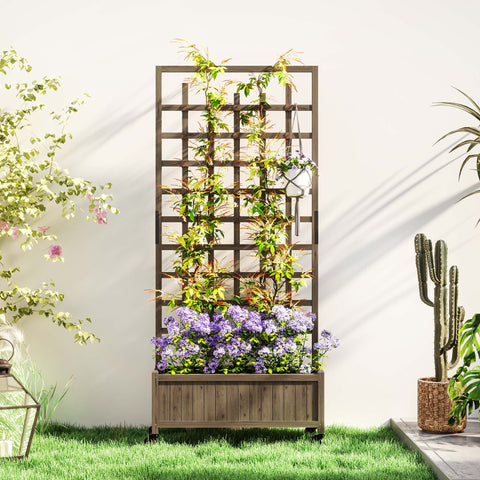 Brown wooden Outsunny raised garden bed with trellis lattice and storage box climbing purple flowers and greenery