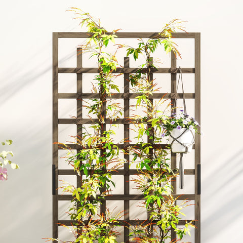 Dark brown wooden trellis with green vines and a hanging white macrame planter on outsunny raised garden bed