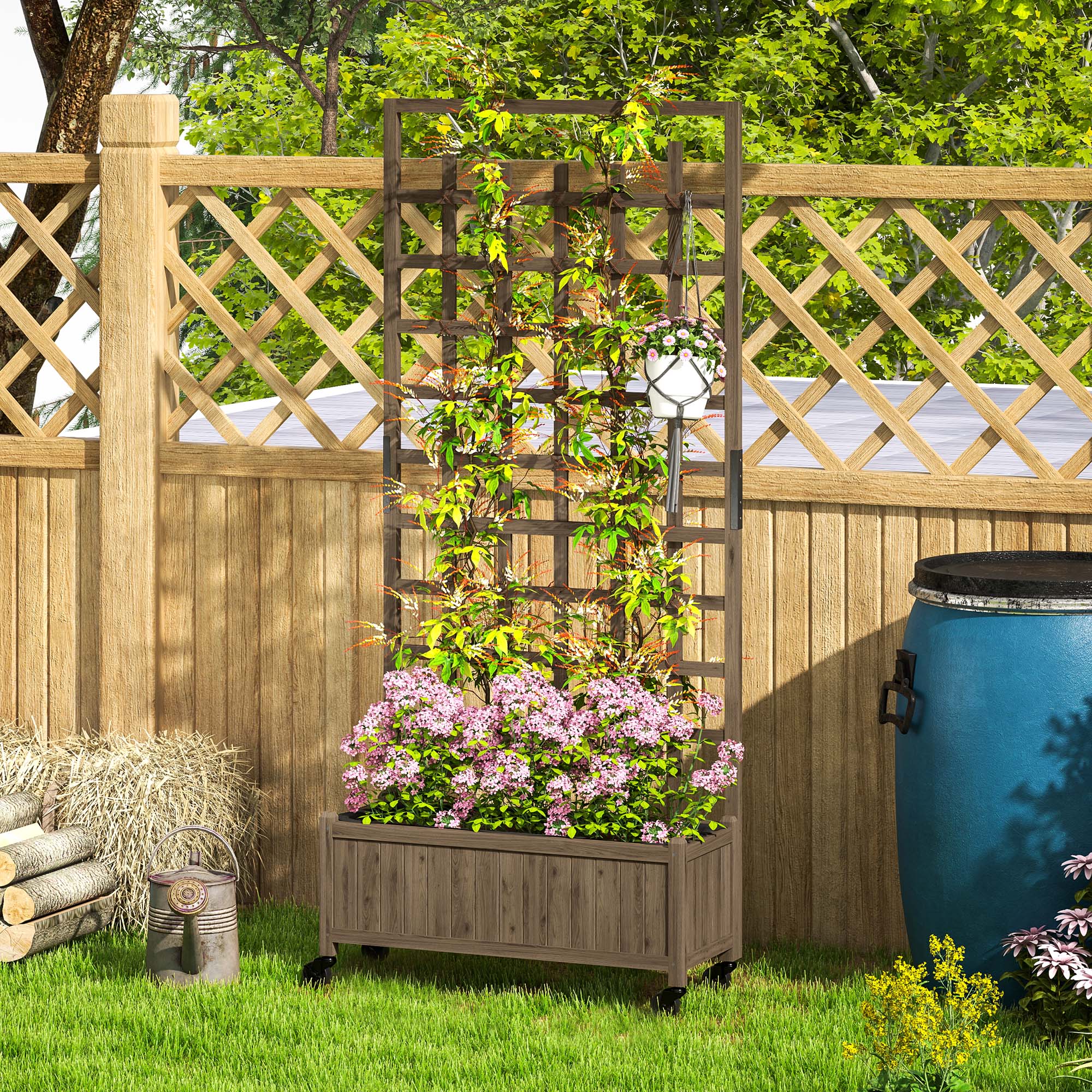 Brown wooden outsunny raised garden bed planter with lattice trellis and wheels filled with purple flowers