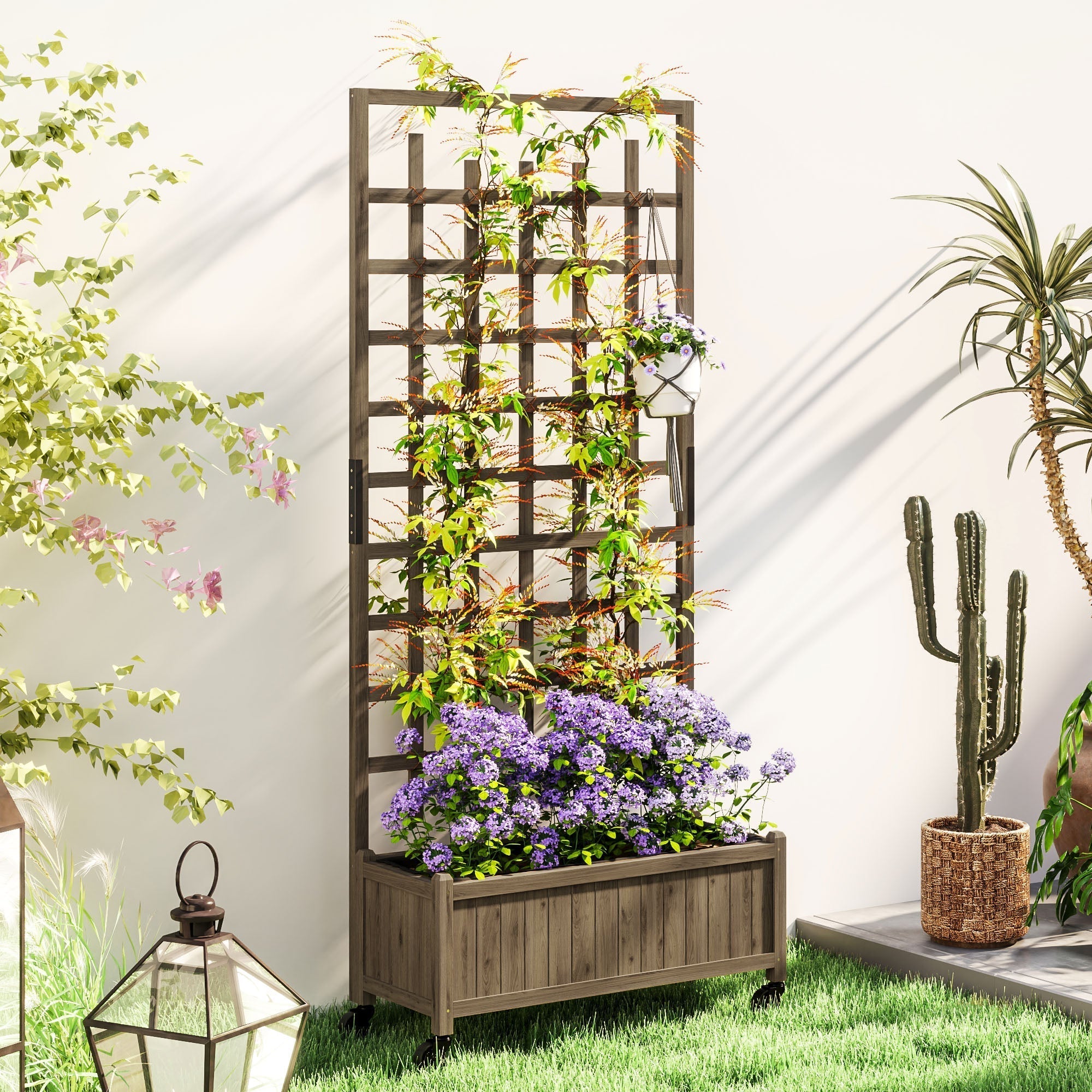 Brown wooden trellis planter with lattice design and hanging pot in a raised garden bed by Outsunny