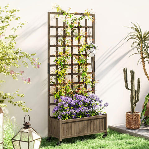Brown wooden trellis planter with lattice design and hanging pot in a raised garden bed by Outsunny