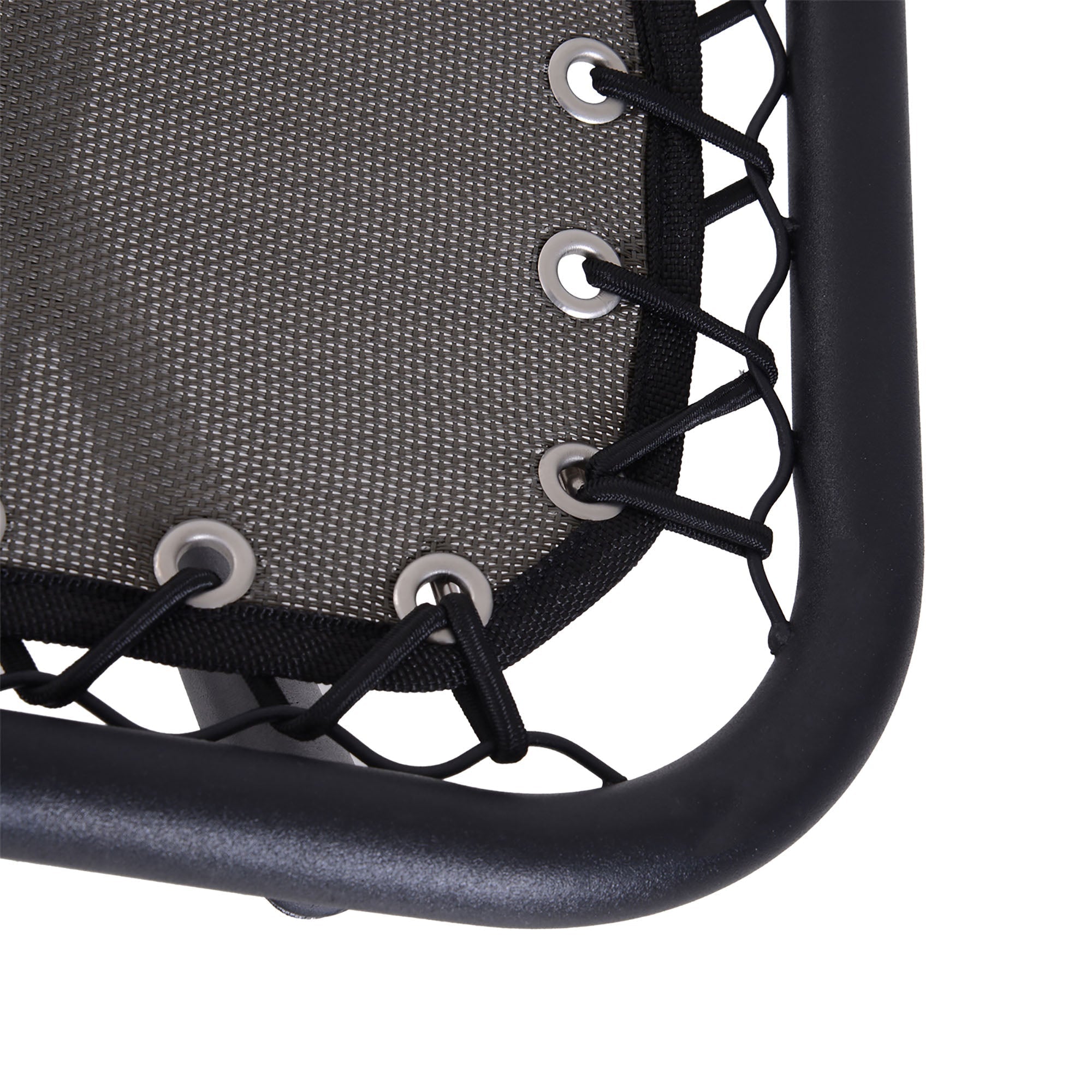 Black metal framed mini trampoline with dark gray mesh and black cords shown with outsunny grey gravity chair with padded headrest