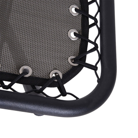 Black metal framed mini trampoline with dark gray mesh and black cords shown with outsunny grey gravity chair with padded headrest