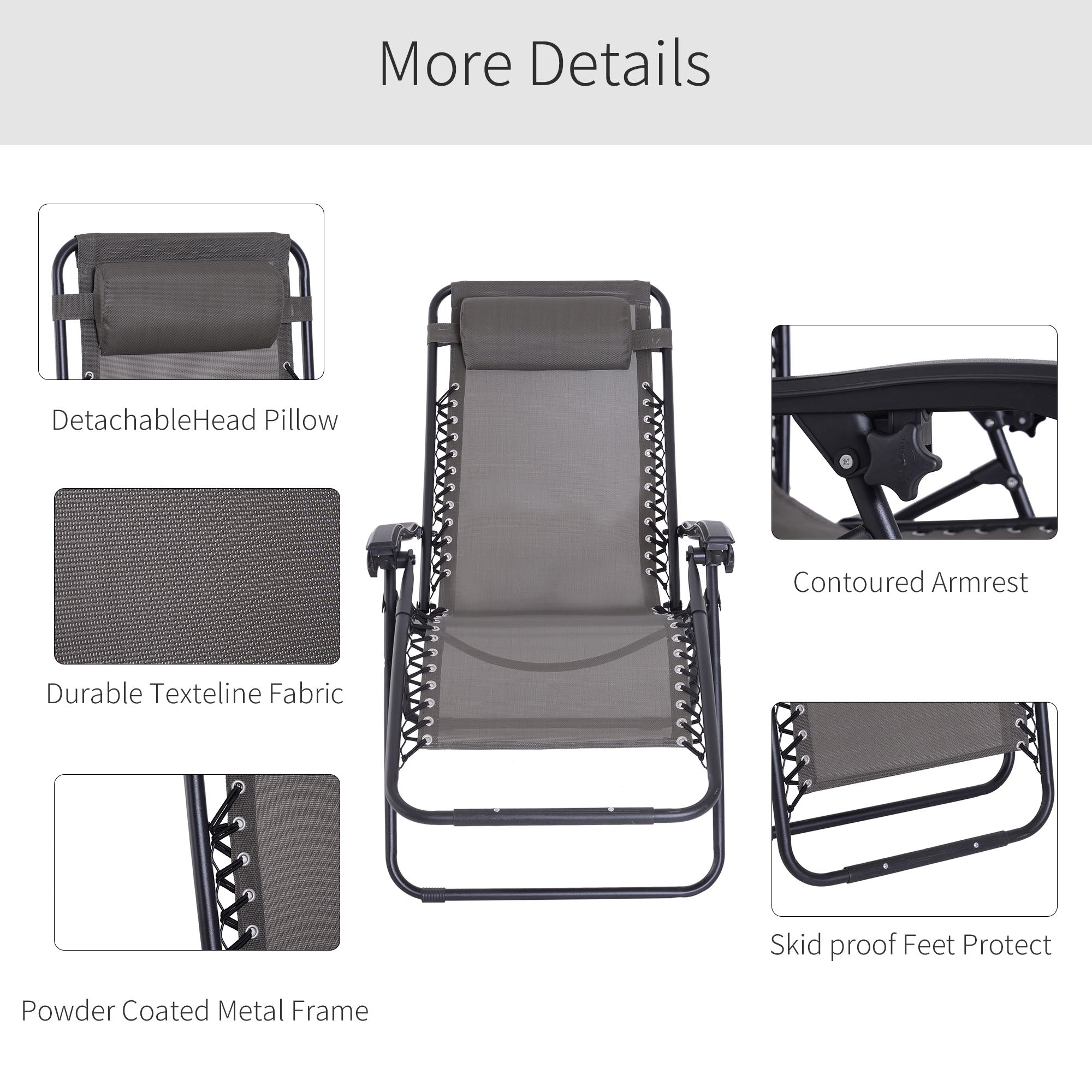 Gray outsunny zero gravity chair with padded headrest and durable texteline fabric on powder-coated frame for outdoors