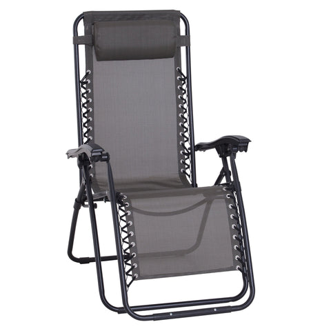 Outsunny gray gravity chair with black metal frame, dark gray mesh fabric, padded headrest, perfect for outdoor use