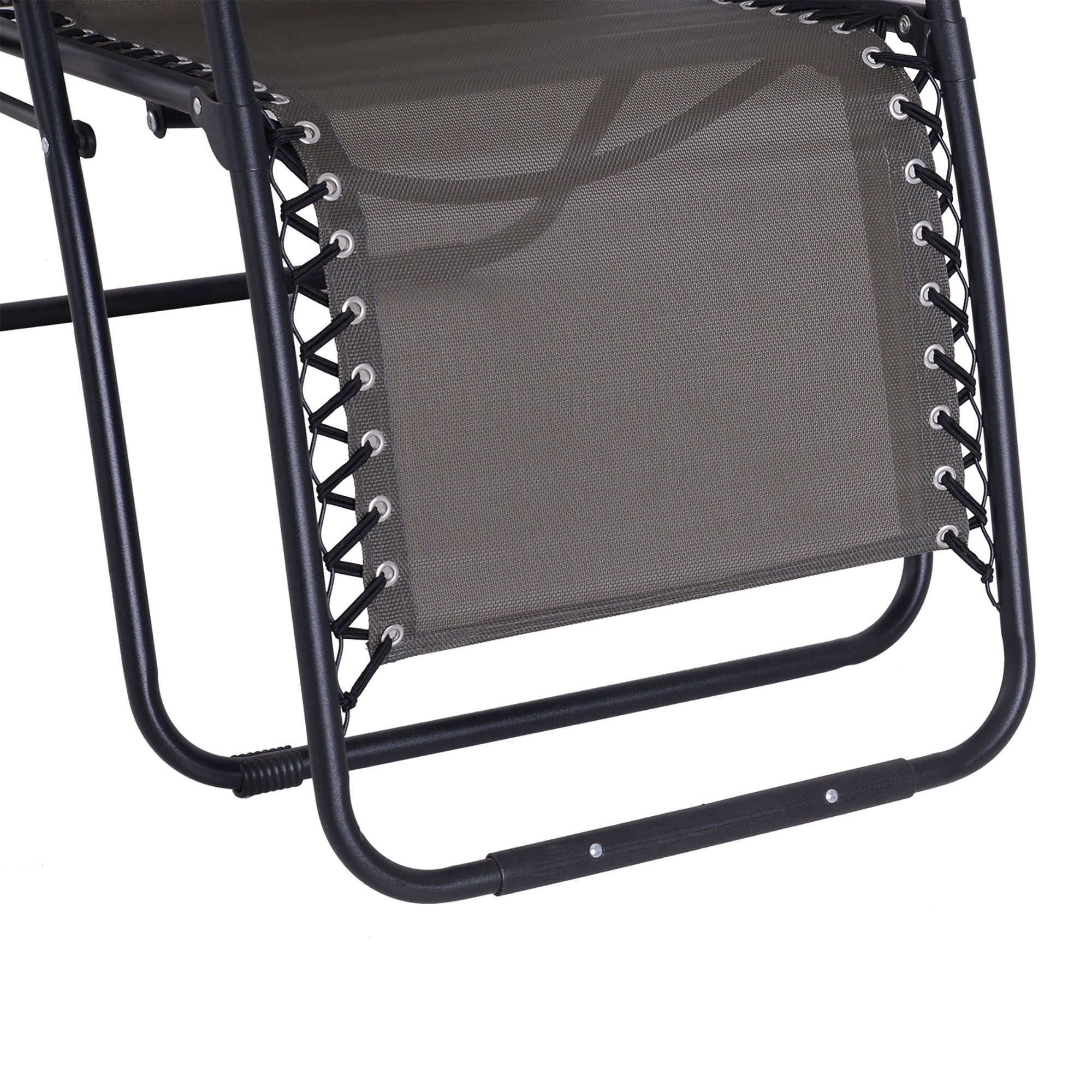 Black metal frame gravity chair with gray mesh fabric black lacing and padded headrest for outdoor lounging