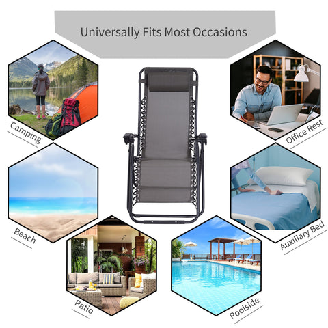 Gray outsunny zero gravity chair with black metal frame padded headrest and texteline fabric for outdoor lounging