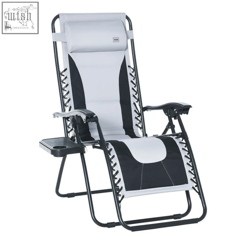 Black and white adjustable recline outsunny lounger chair with light grey cushion cup holder and side table