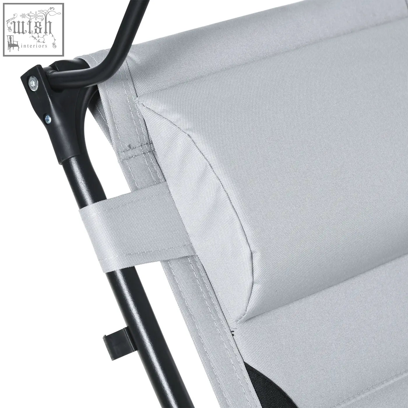 Gray fabric cushion with black metal frame on outsunny zero gravity lounger chair with cup holder for outdoor use