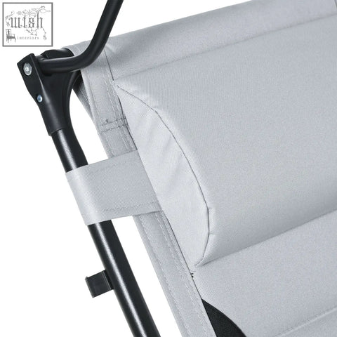 Gray fabric cushion with black metal frame on outsunny zero gravity lounger chair with cup holder for outdoor use