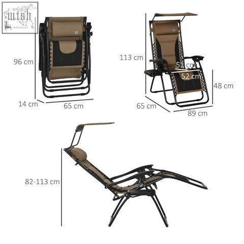 Tan and black Outsunny zero gravity lounger chair with metal frame canopy cup holder and added comfort cushions