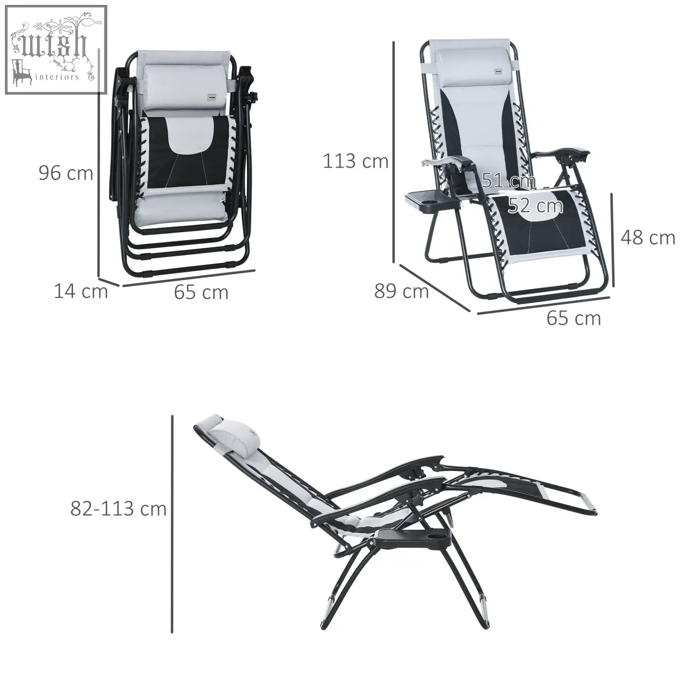 Black and white outsunny zero gravity lounger chair with padded headrest armrests cup holder and built-in side table in light grey
