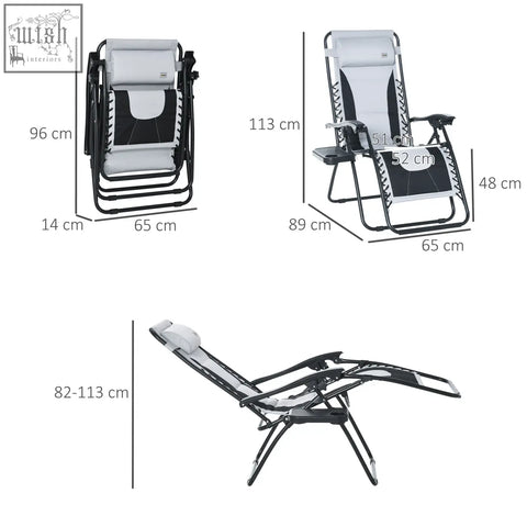 Black and white outsunny zero gravity lounger chair with padded headrest armrests cup holder and built-in side table in light grey