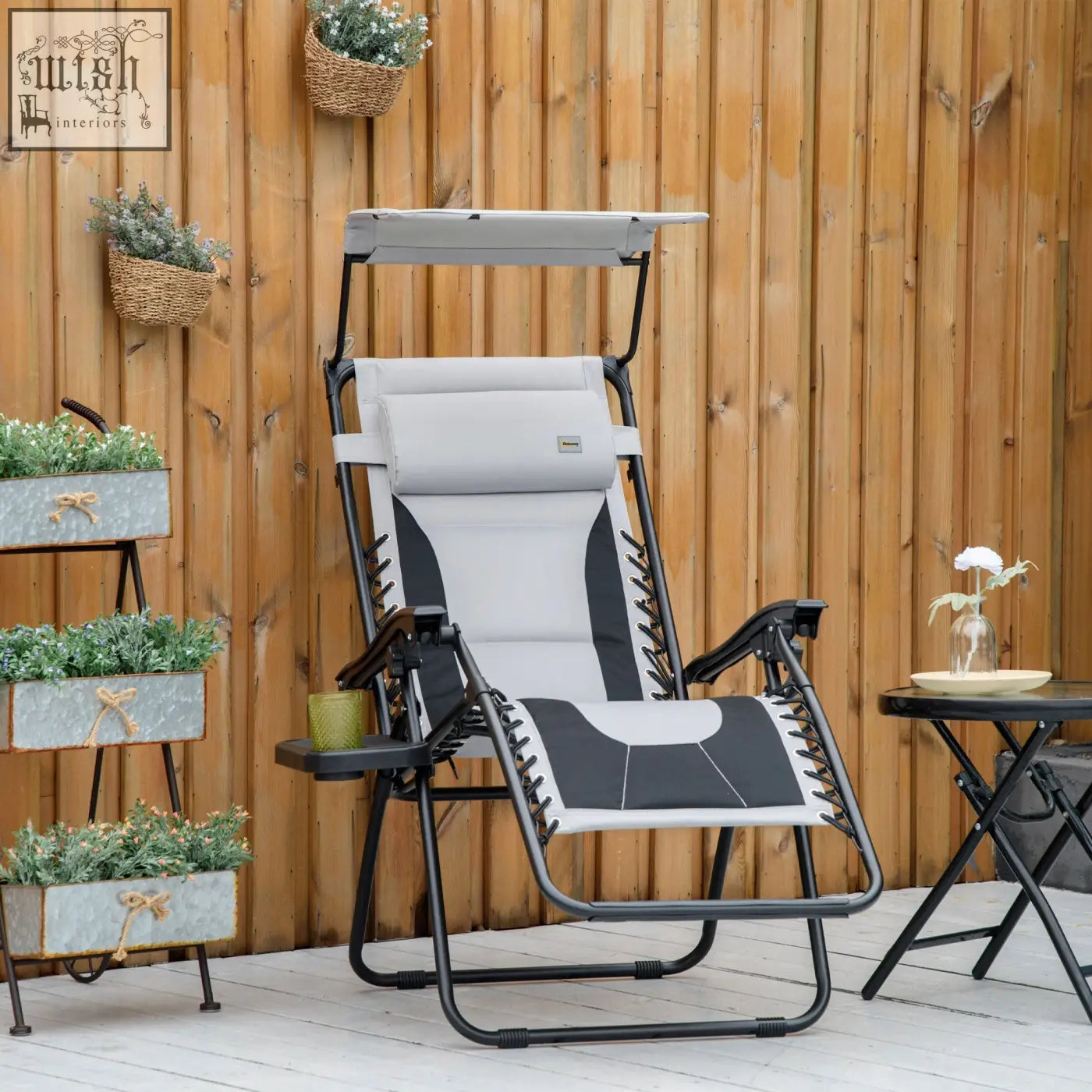 Black and gray outsunny zero gravity lounger chair with canopy cup holder padded seat and headrest for poolside and camping