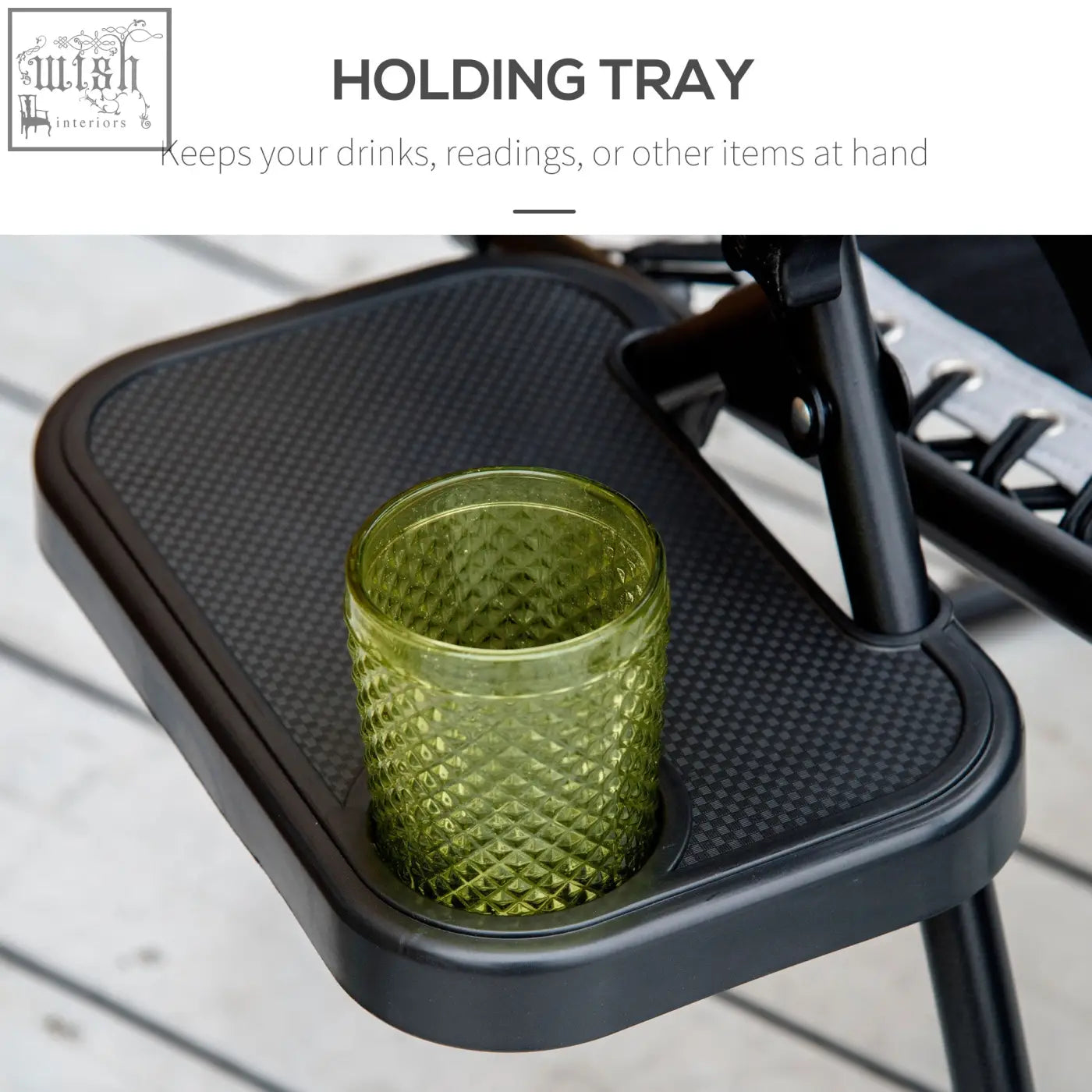 Black textured holding tray with built in cup holder and olive green glass on outsunny zero gravity lounger chair