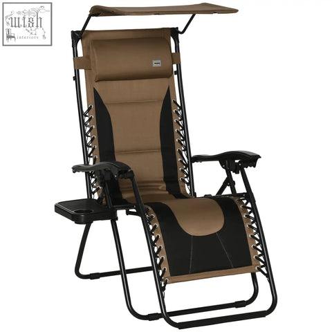 Tan and black outsunny zero gravity lounger chair with canopy cup holder padded seat and added comfort for poolside use