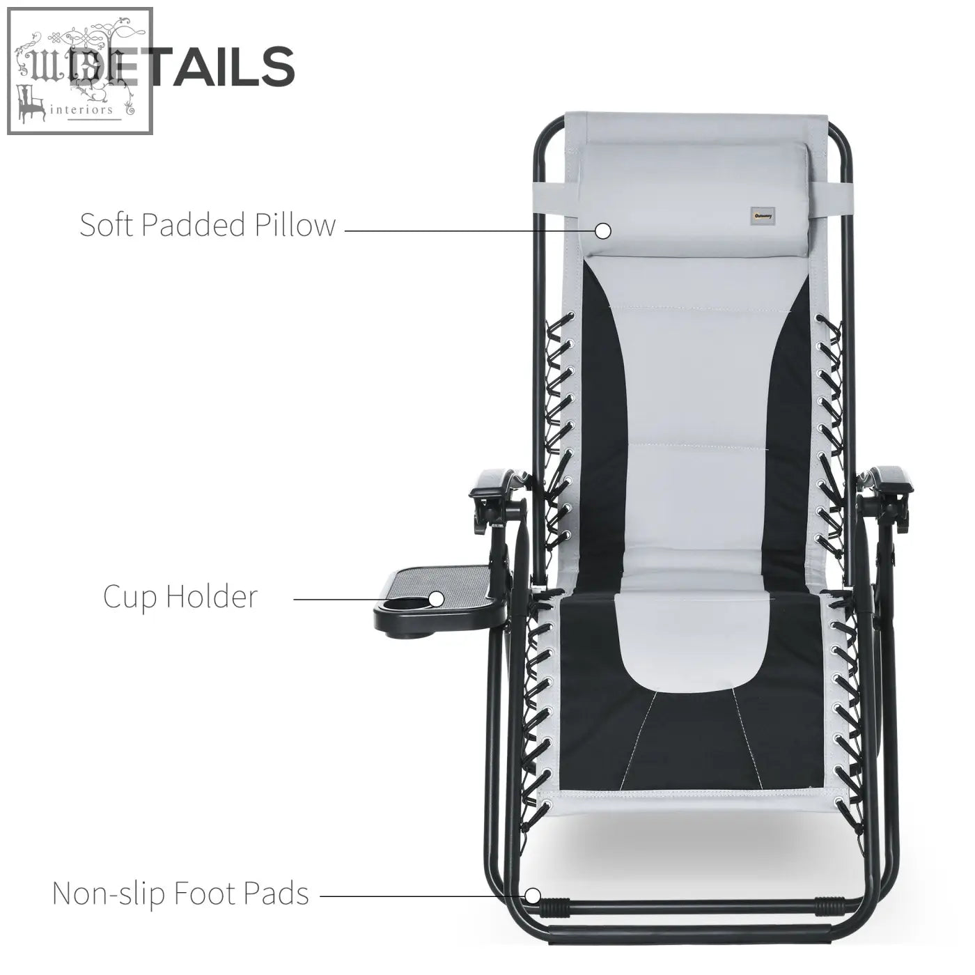 Black and white inflatable lounger chair with soft padded pillow cup holder and non slip foot pads in light grey