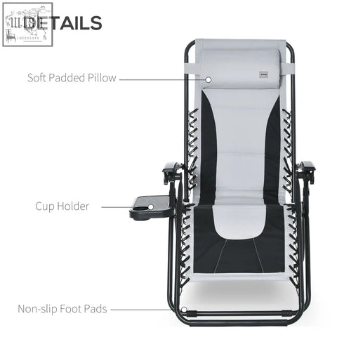 Black and white inflatable lounger chair with soft padded pillow cup holder and non slip foot pads in light grey