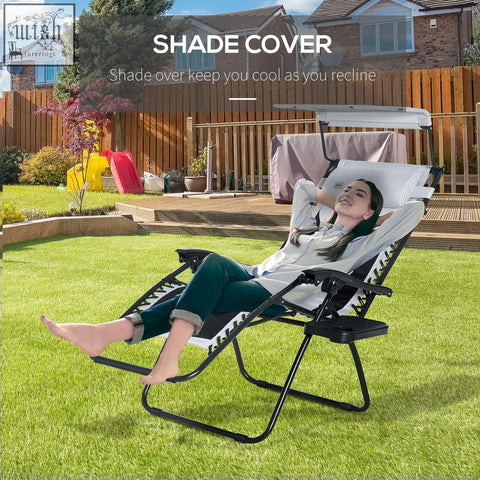 Black metal framed outsunny zero gravity lounger chair with white fabric, adjustable canopy, cup holder, and soft cushion