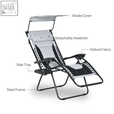 Black and white outsunny zero gravity lounger chair with steel frame cup holder shade cover and detachable headrest