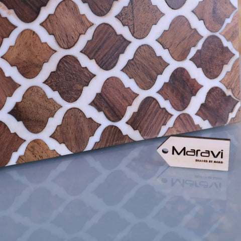 Ouzoud Moroccan serving platter board with dark brown wood inlaid white resin and ornate quatrefoil design