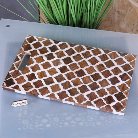 Rectangular wooden ouzoud moroccan serving platter with dark brown white geometric inlay and integrated handle on one side