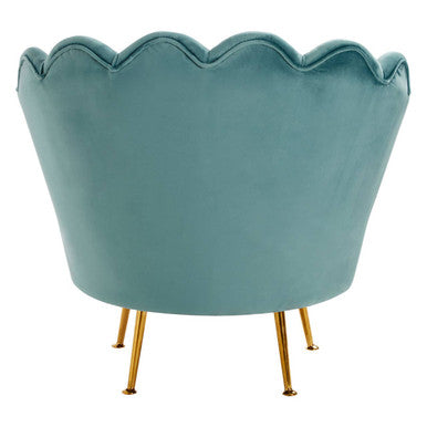 Teal velvet ovala blue scalloped chair with scalloped back and gold-tone legs perfect for stylish seating