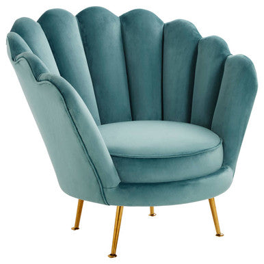 Teal velvet ovala blue scalloped chair with gold-tone legs perfect for stylish living rooms or bedrooms