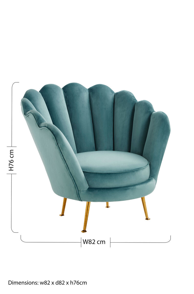 Teal velvet ovala blue scalloped chair with gold-tone legs perfect for stylish dining or accent seating