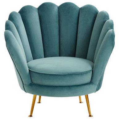 Teal velvet ovala blue scalloped chair with shell shape and gold metal legs for stylish seating