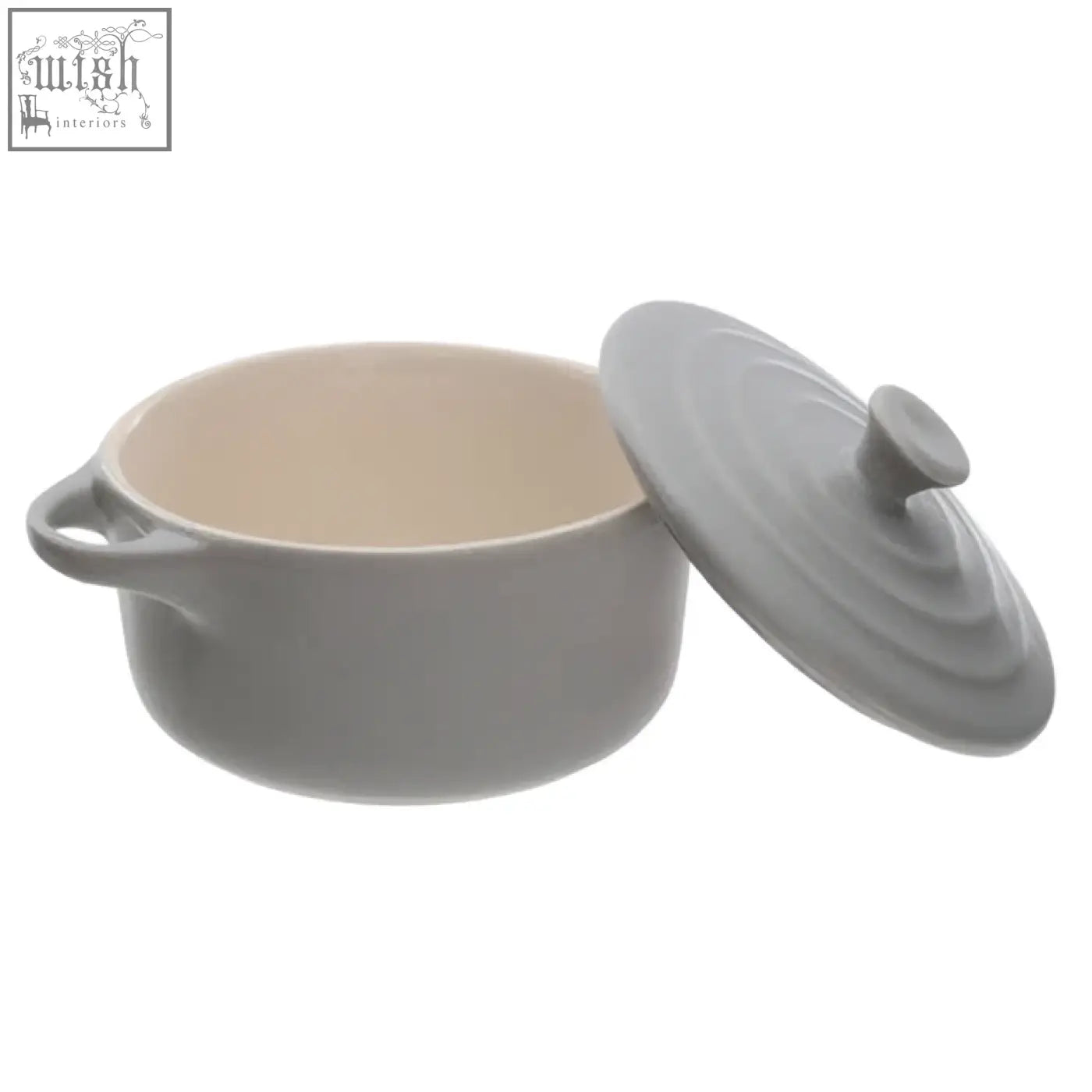 Gray ceramic ovenlove 230ml mini casserole with matching lid and subtle concentric ridges for easy handling