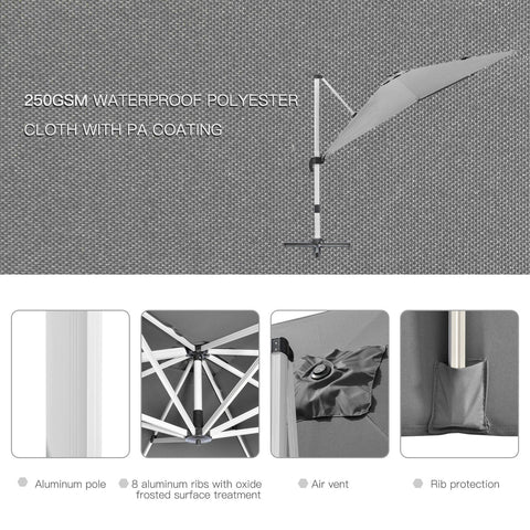 Outsunny 3 x 3(m) Cantilever Roma Parasol, Square Garden Umbrella with Cross Base, Crank Handle, Tilt, 360\'c2\'b0 Rotation and Aluminium Frame, Grey