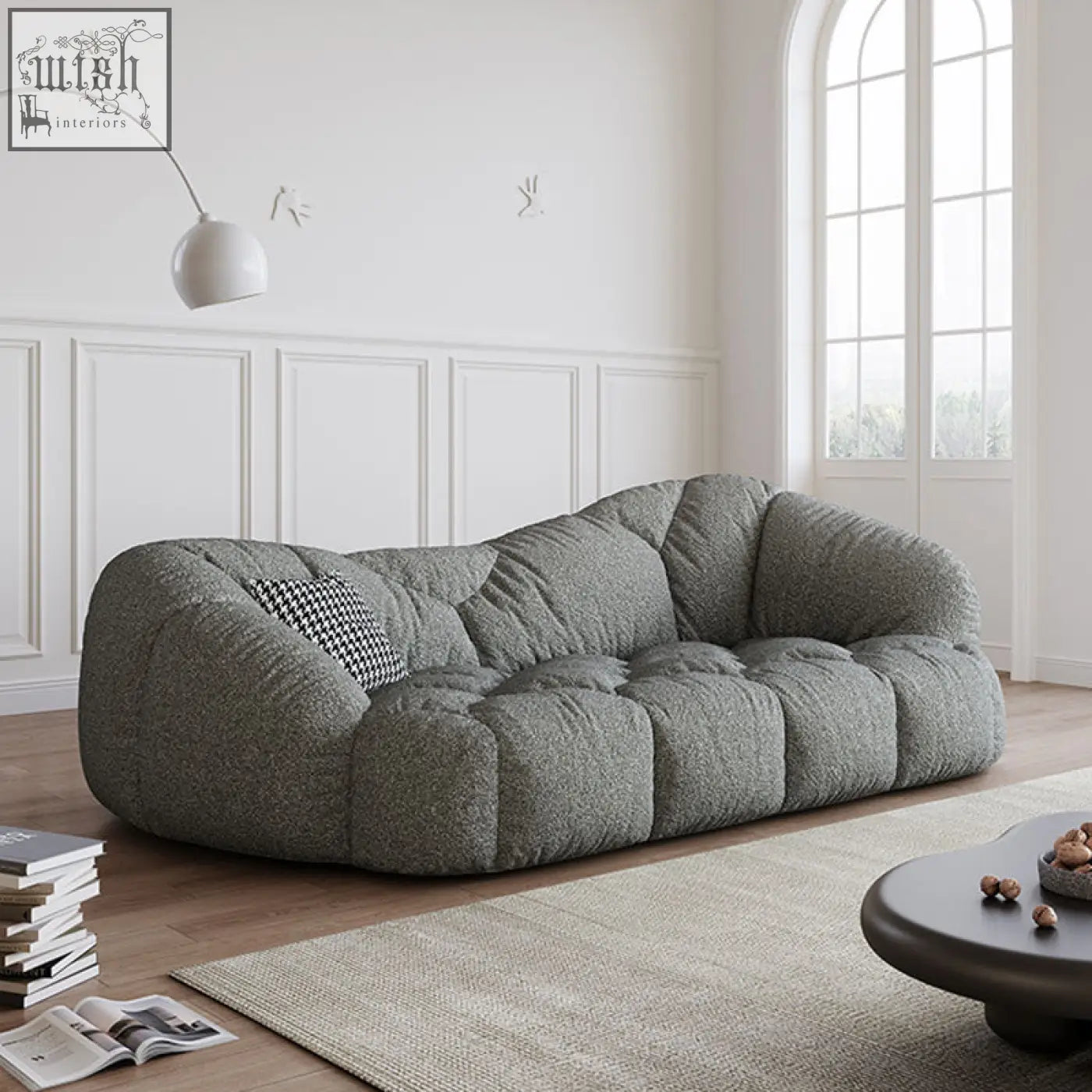 Gray textured fabric owen marshmallow two seater sofa with tufted cushions and black and white checkered pillow