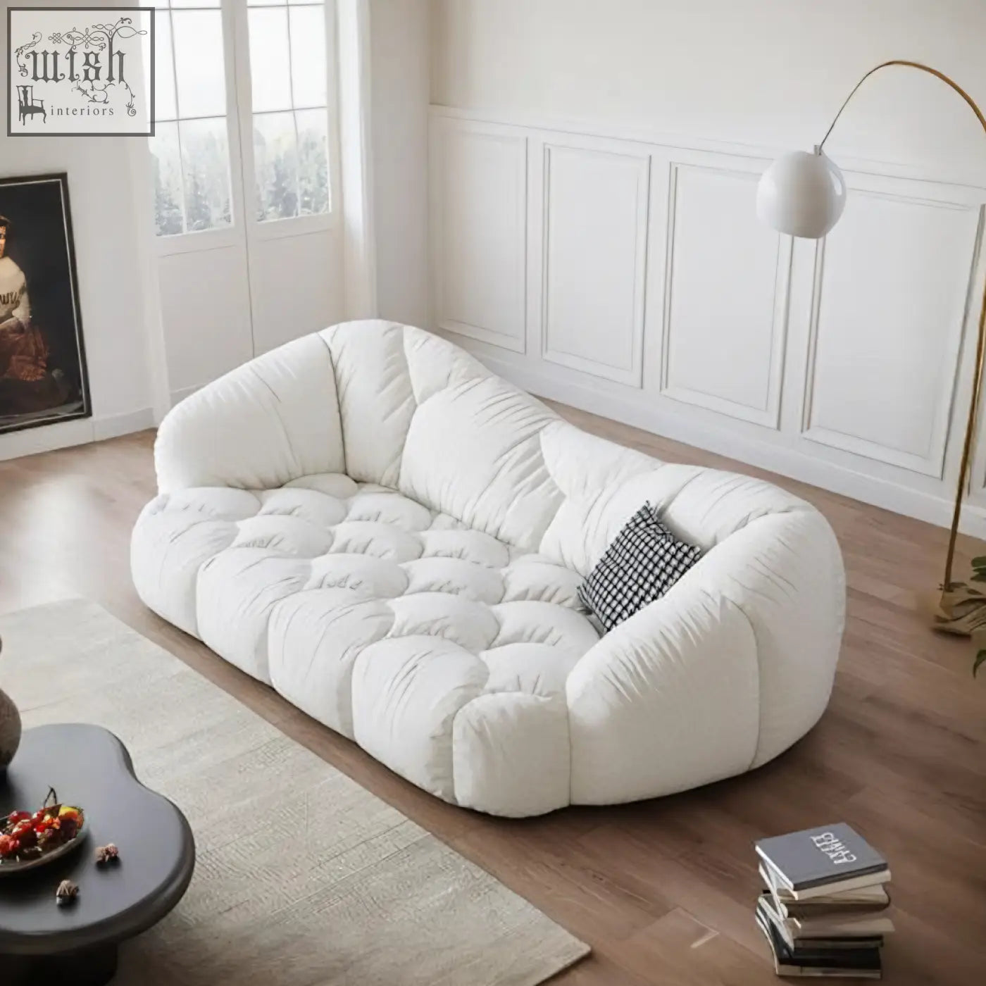 White plush tufted owen marshmallow two seater sofa in off white real leather with modern rounded design