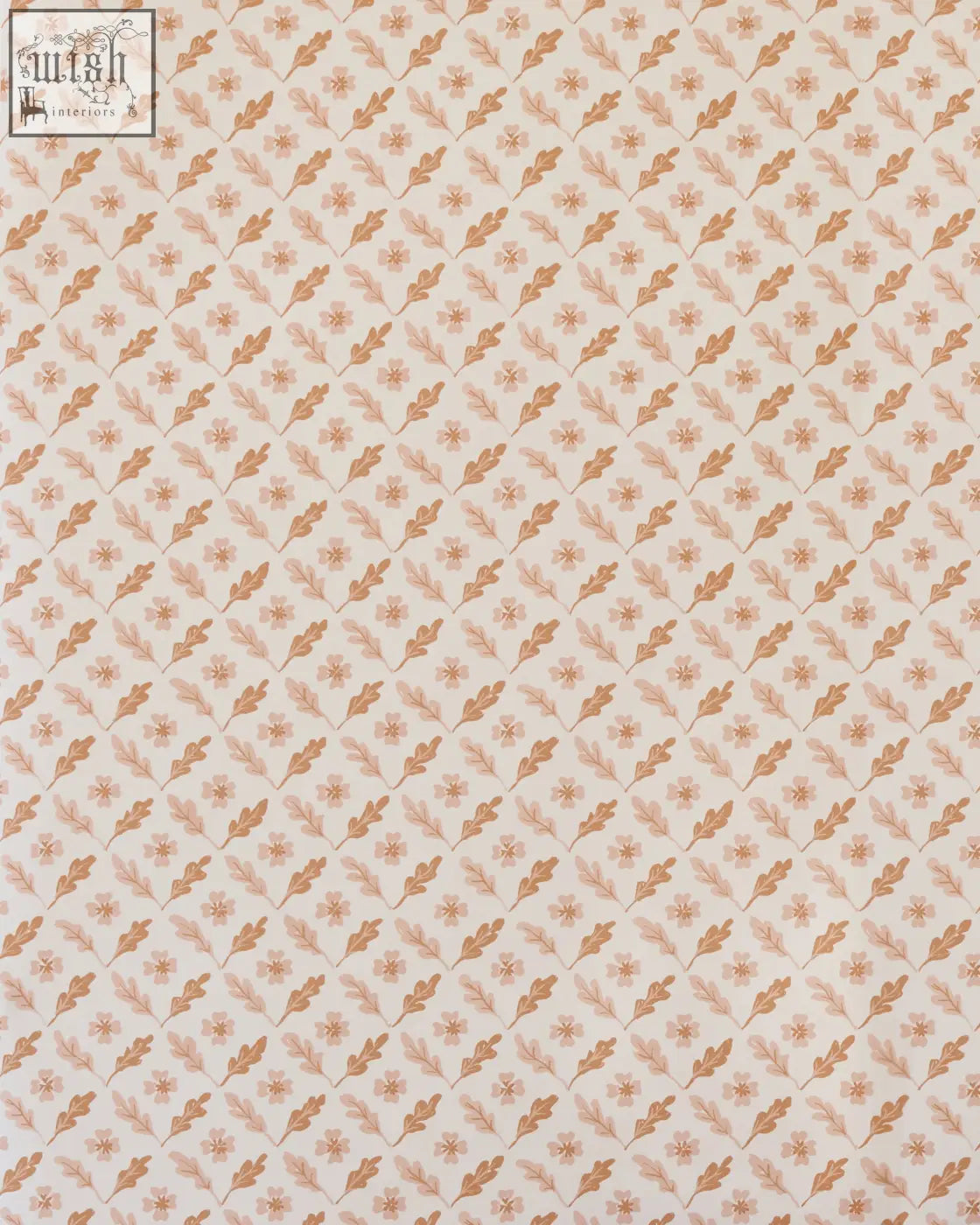 Delicate oxalis oak wallpaper with rippled leaves pattern in golden brown and soft pink on pale cream background