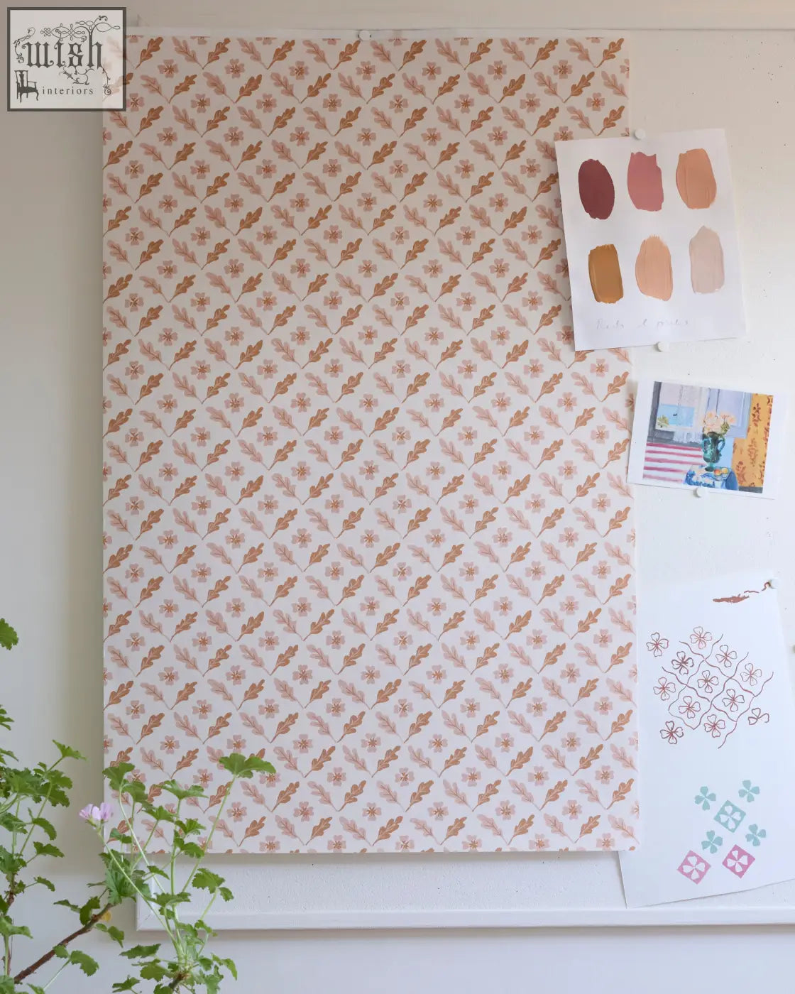 A rectangular oxalis oak wallpaper sheet with rippled leaves in pink and rust on an off-white background